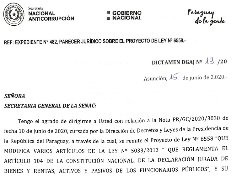 Dictamen respecto a objeción total del Ejecutivo al Proyecto de Ley N°6558  :: Secretaria Nacional Anticorrupción SENAC
